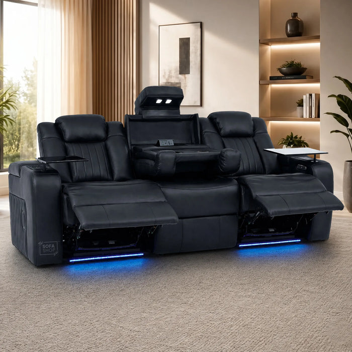 3 Seater Cinema Sofa in Black Real Leather | Hi-Tech Cinema Sofa with Vibration Massage, Heated Lumbar, Bluetooth Speakers, Heating & Cooling Cupholders | Capri | The Sofa Shop