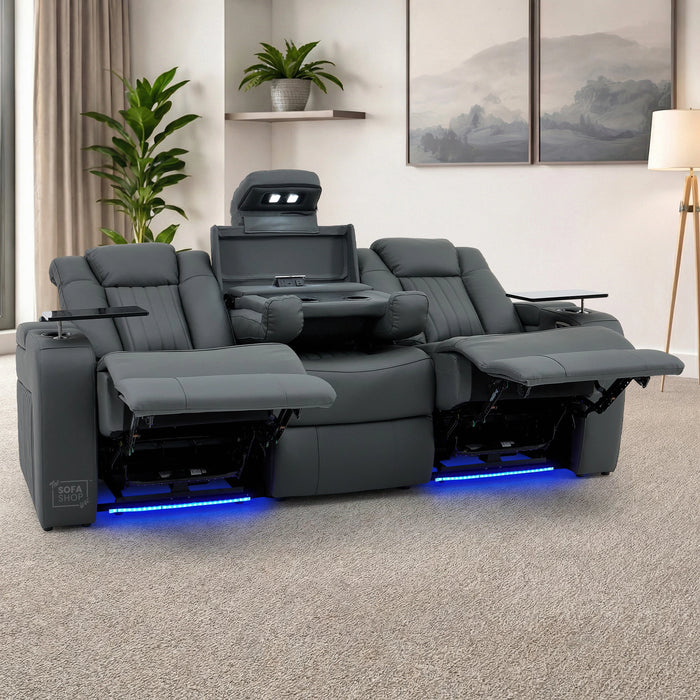 Real Leather 3+2+1 Piece Electric Home Cinema Theatre Sofa Set | Couch Suite Package in Grey + Massage + Heating + Power Recliners + Wireless Charging | Capri
