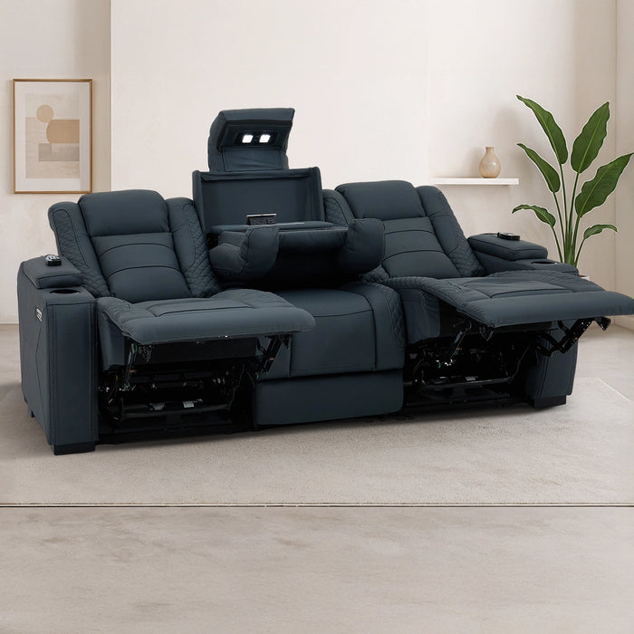 3 Seater Real Leather Electric Recliner Cinema Sofa in Blue | Massage, Power Headrest & USB-C | Napoli | The Sofa Shop
