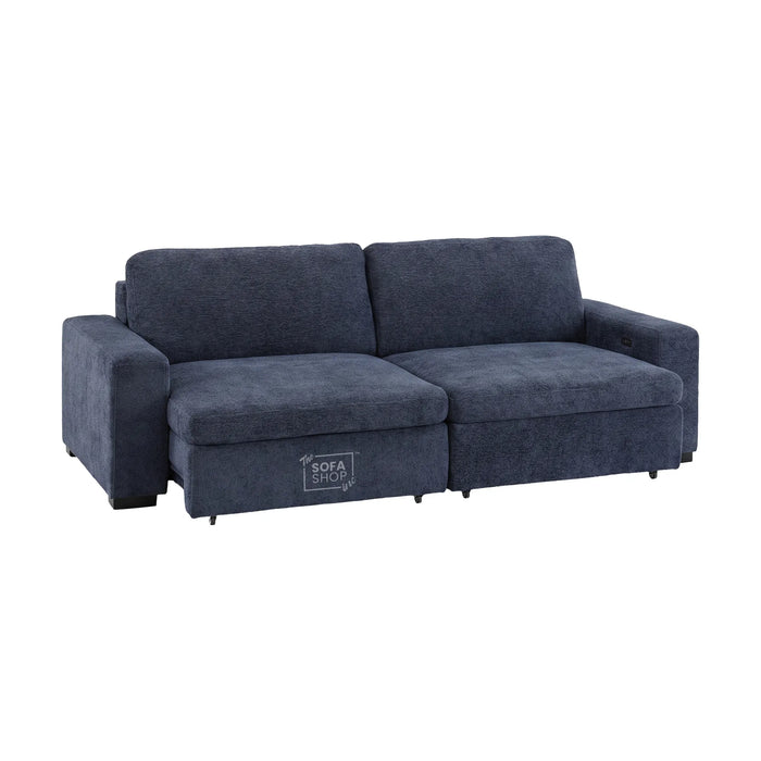 3 Seater Fabric Extendable Electric Sofa Bed | Power Sliding Couch With USB+C Charging | Blue Chenille Fabric | Home Theatre Seating & Comfort Headrests | Palma | The Sofa Shop