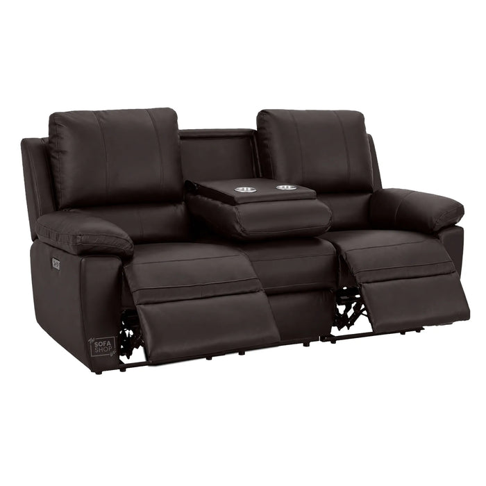 3 Seater Electric Recliner Sofa In Dark Brown Real Leather | Electric Settee With Power Recline + Drop-Down Table + Cup Holders + USB-C Charging | Trento | The Sofa Shop