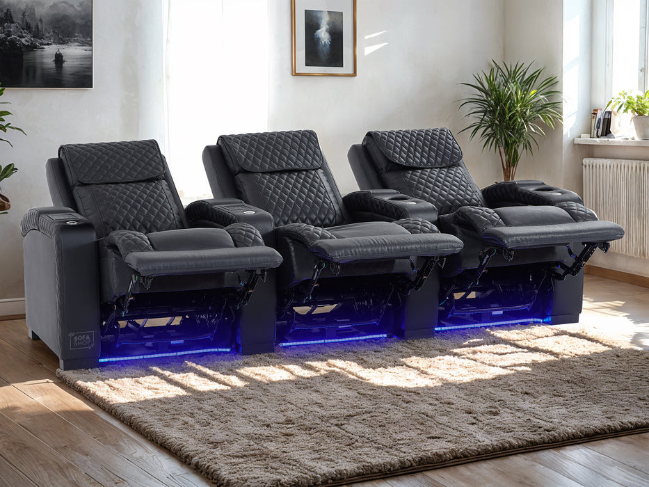 3 Seater Real Leather Electric Recliner Sofa In Black | Cinema Seats For Smart Homes with Lumbar Support, LED Lights, Console & Cup Holders | Torino
