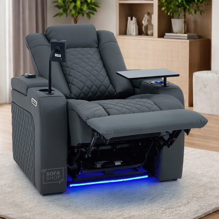 1 Seater Grey Real Leather Electric Recliner Cinema Chair | Hi-Tech Armchair With Vibration Massage, Heated Lumbar, Power Headrest, Cooling + Heating Cup Holders & Power Grommet | Milano | The Sofa Shop