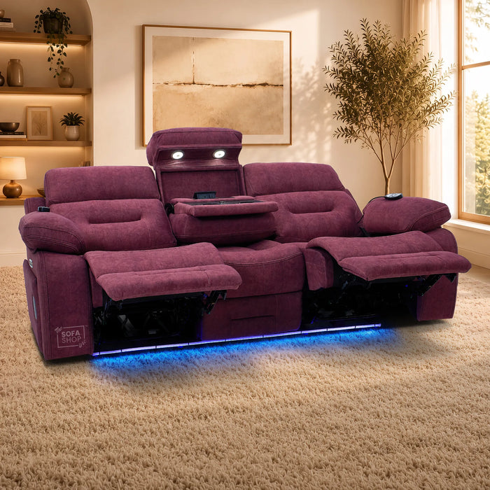 3 Seater Smart Tech Electric Recliner Cinema Sofa | Purple Fabric | Sicily