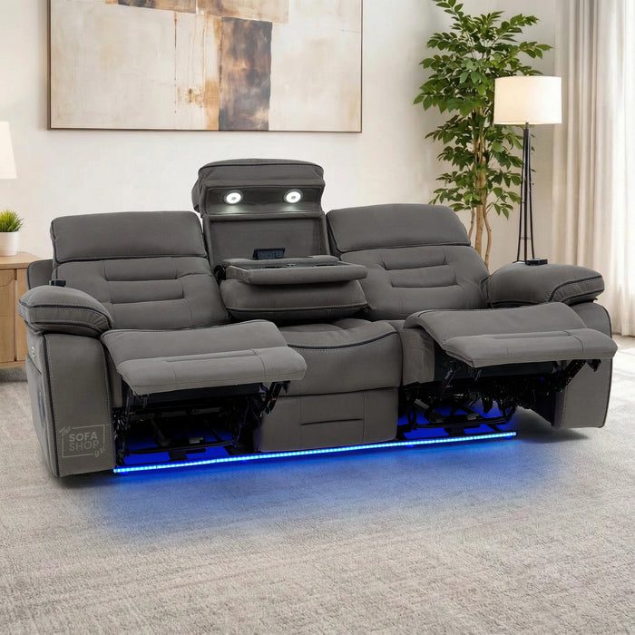 3 Seater Electric Recliner Cinema Sofa in Graphite Dark Grey Fabric | Hi-Tech Sofa with Cooling Cupholder + Massage + Heat + Power Headrest + USB Ports + Speakers | Tuscany | The Sofa Shop