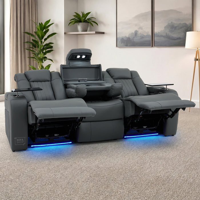 3 Seater Recliner Cinema Sofa | Theatre Couch in Grey Real Leather with USB Ports, Massage, Heating, Cup Holders & Wireless Charger | Capri | The Sofa Shop