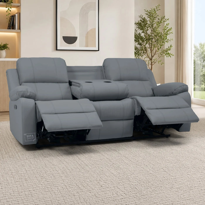 3 Seater Electric Recliner Sofa In Grey Real Leather | Power Recliner With Drop-Down Table & USB+C Charging | Comfortable & Family-Friendly Sofa | Trento | The Sofa Shop