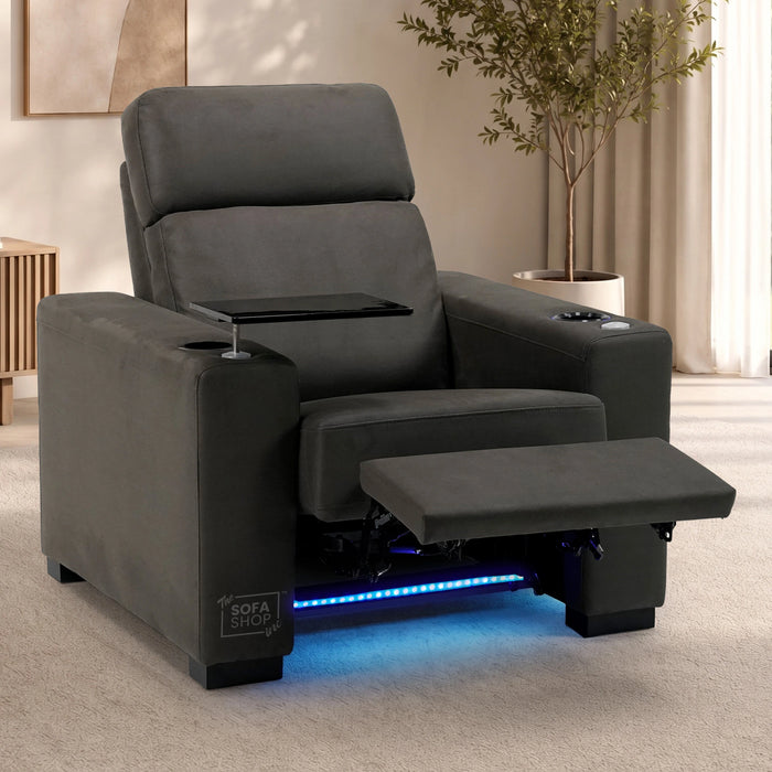 1 Seater Dark Grey Fabric Electric Recliner Cinema Chair | Recliner Armchair With Power Headrest, Lumbar Support & USB Charging | Palmero | The Sofa Shop