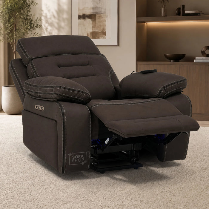 Tuscany Riser Recliner Chair | 1 Seater Dark Brown Fabric Electric Recliner Rising Armchair | Hi-Tech Lift Chair with Riser Function, Vibration Massage, Heated Lumbar  & Cooling Cup Holder + Power Grommet| The Sofa Shop