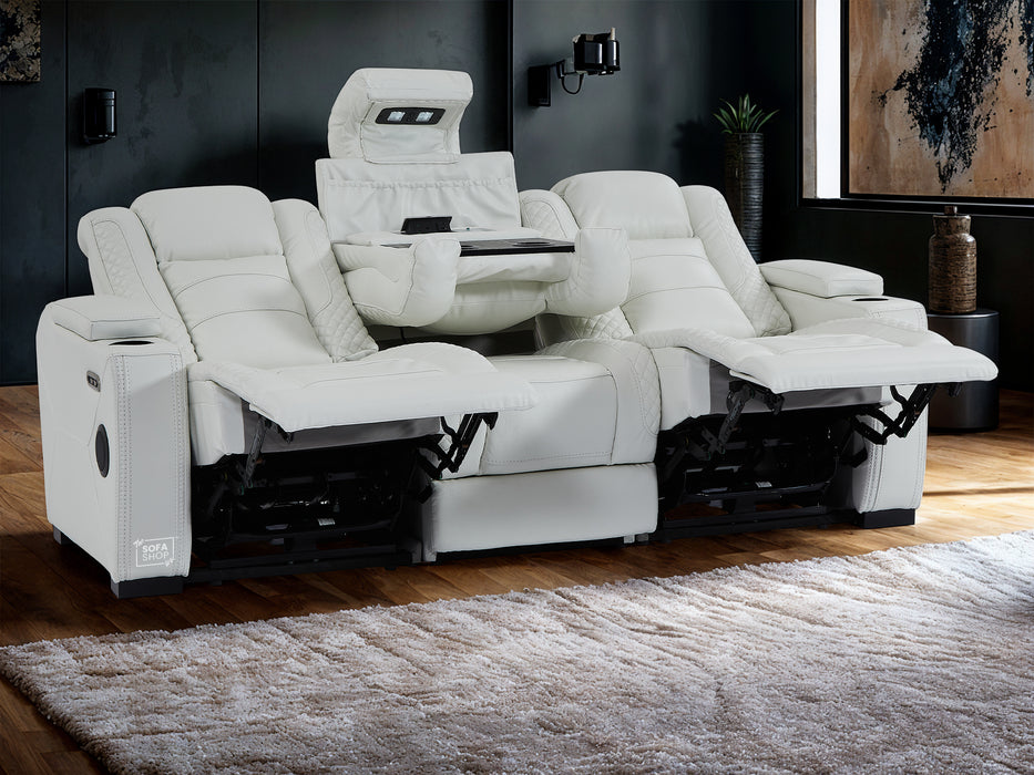 3 Seater White Real Leather Electric Recliner Cinema Sofa | Power Headrest, Massage, Fold-Down Table, USB-C & Storage | Napoli | The Sofa Shop
