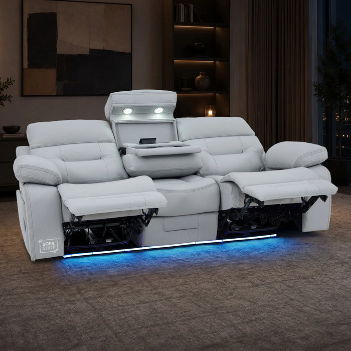 3 Seater Cinema Sofa in Light Grey Genuine Leather | Hi-Tech Couch with Power Recline + Power Headrests + Wireless Charging + Speakers | Sicily | The Sofa Shop