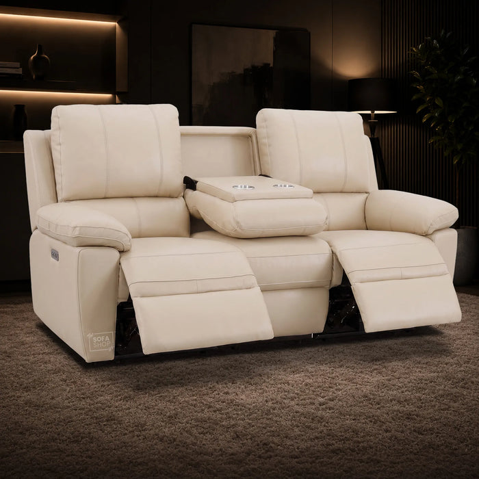 3+1 Electric Recliner Sofa Set In Cream Real Leather | Recliner Sofa Suite With Power Recline + Drop-Down Table + Cup Holders + USB-C Charging | Trento | The Sofa Shop