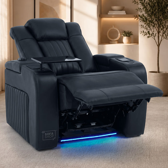 Electric Recliner Cinema Chair in Black Genuine Leather | Hi-Tech Armchair With Massage, Heated Lumbar, Heating & Cooling Cup Holders & Power Headrest | Capri | The Sofa Shop