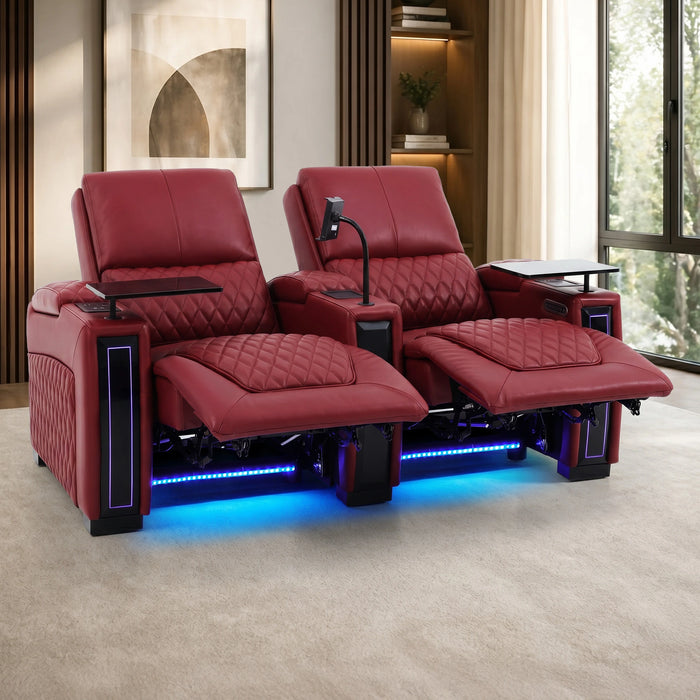 2 Seater Red Real Leather Electric Recliner Cinema Sofa | Hi-Tech Recliner Settee with Power Lumbar, Wireless Charging, Heat & Cooling Cupholders | Assisi | The Sofa Shop