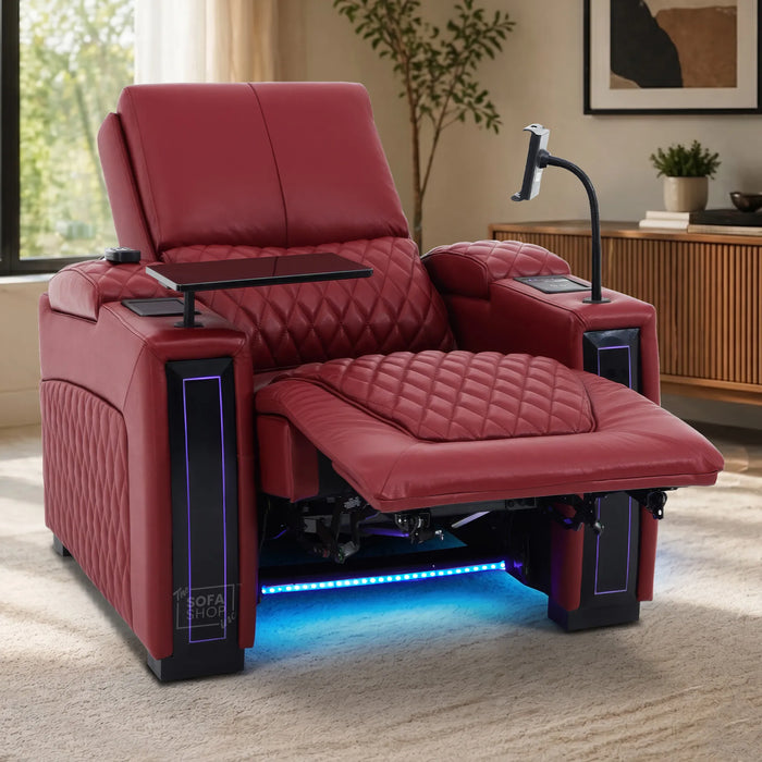 1 Seater Red Real Leather Electric Recliner Cinema Chair | Power Recliner Chair With Vibration Massage & Heated Lumbar, Cooling & Heating Cup Holders & Wireless Charging | Assisi | The Sofa Shop