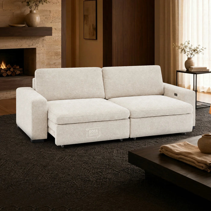 Extendable Electric Sofa - Bed in Cream Chenille Fabric | 3 Seater Power Sliding Couch Perfect for Home Cinema & Movie Nights  | USBc Charging Ports | Palma