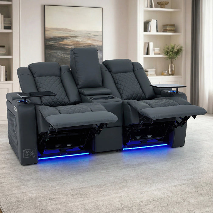 2 Seater Grey Real Leather Electric Recliner Cinema Sofa | Hi-Tech Couch With Power Headrest, Bluetooth Speakers, Wireless Charging, Cooling + Heating Cup Holder & Power Grommet  | Milano