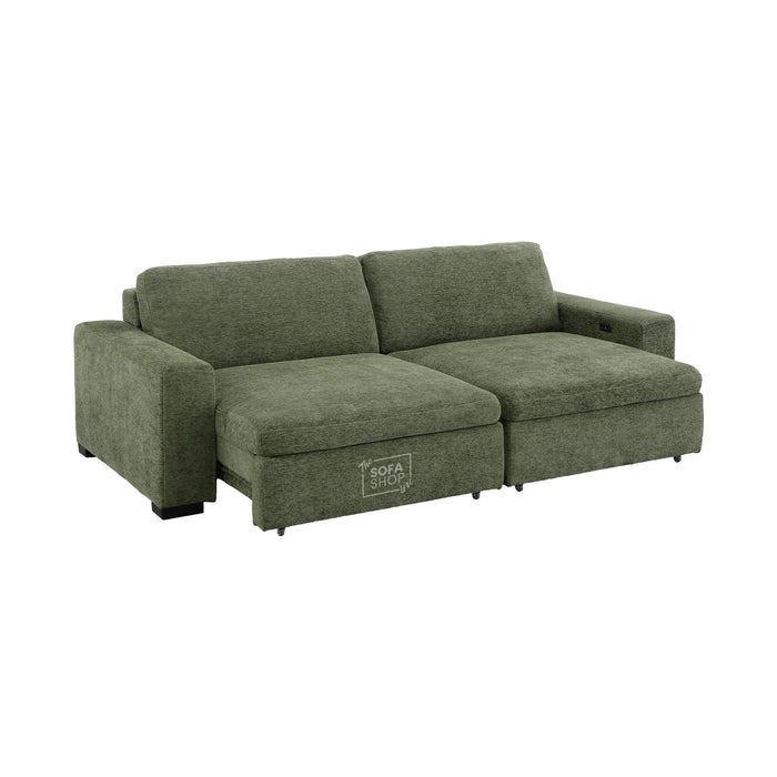 Extendable Electric Sofa Bed in Green Chenille Fabric | 3 Seater Power Sliding Couch Perfect for Home Cinema & Movie Nights | USBc Charging Ports | Palma | The Sofa Shop