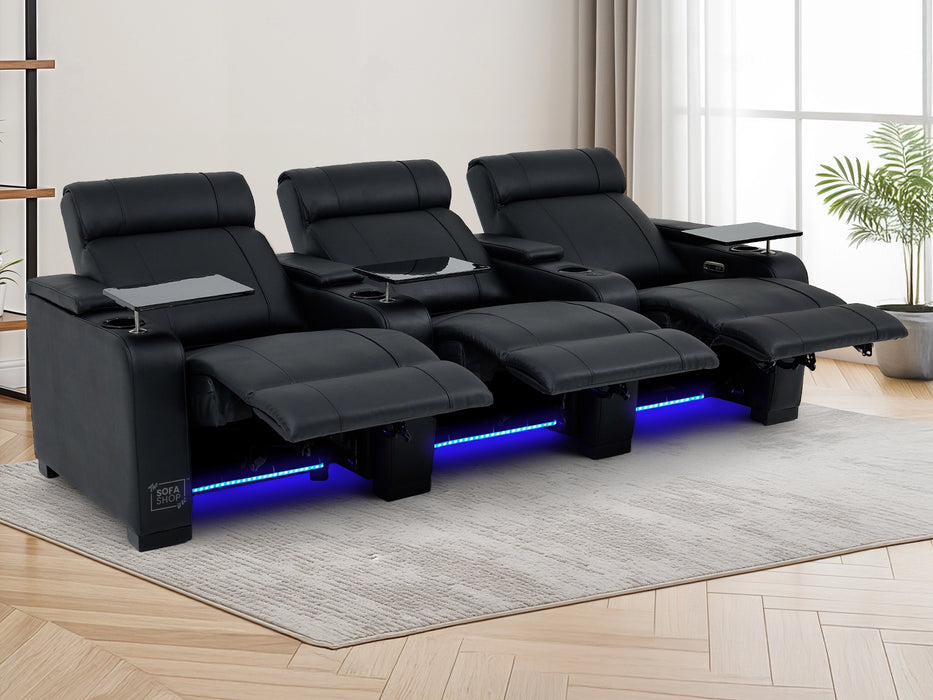 3 Seater Reclining Sofa with Electric Mechanism, Massage, USB Ports, Cup Holders, Storage Boxes & LED Lights | Black Sofa | Rimini | The Sofa Shop