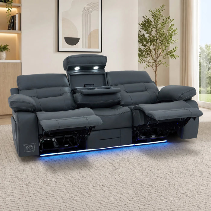 3 Seater Cinema Sofa in Grey Genuine Leather | Hi-Tech Couch with Power Recline + Power Headrests + Wireless Charging + Speakers | Sicily | The Sofa Shop