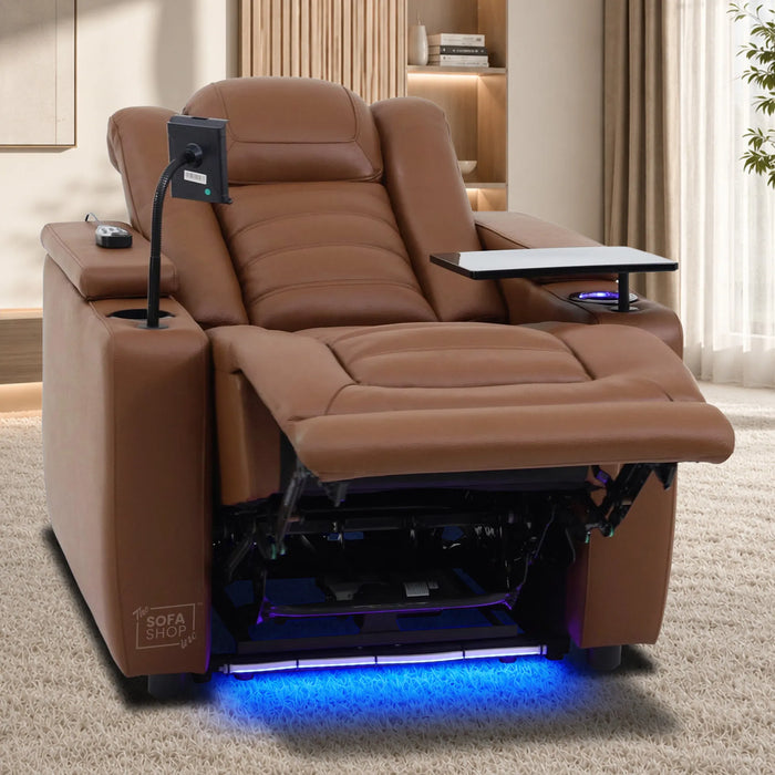 1 Seater Cinema Chair in Brown Real Leather | Hi-Tech Cinema Chair with Power Recline, Power Headrest, Wireless Charging, Cup Holder, Vibration Massage, Heated Lumbar | Modena | The Sofa Shop