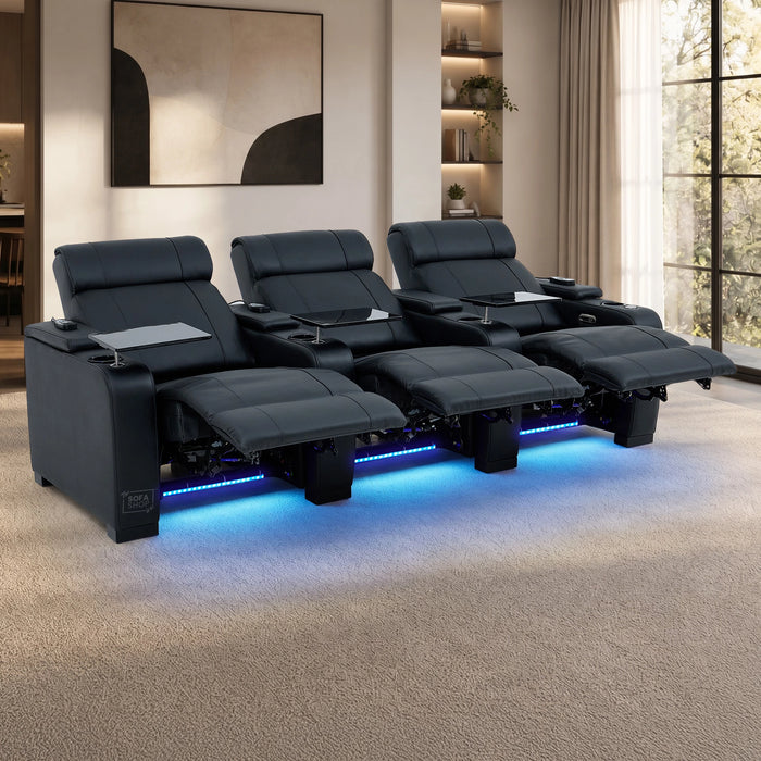 3 Seater Black Real Leather Power Recline Cinema Sofa | Hi-Tech Sofa With 8-Point Vibration Massage, Heated Lumbar & Cooler Cup Holders | Rimini | The Sofa Shop