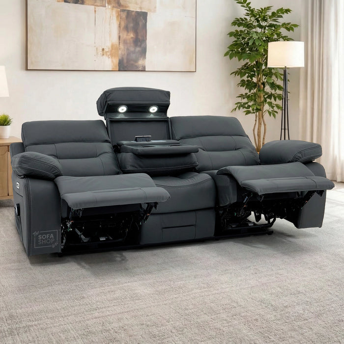 3 Seater Electric Recliner Cinema Sofa in Grey Real Leather | Hi-Tech Cinema Seats with Massage, Drop-Down Table, LED Reading Light, Power Headrest, Power Recliner, Storage Drawer, Heating, USB & Wireless Charging | Sicily