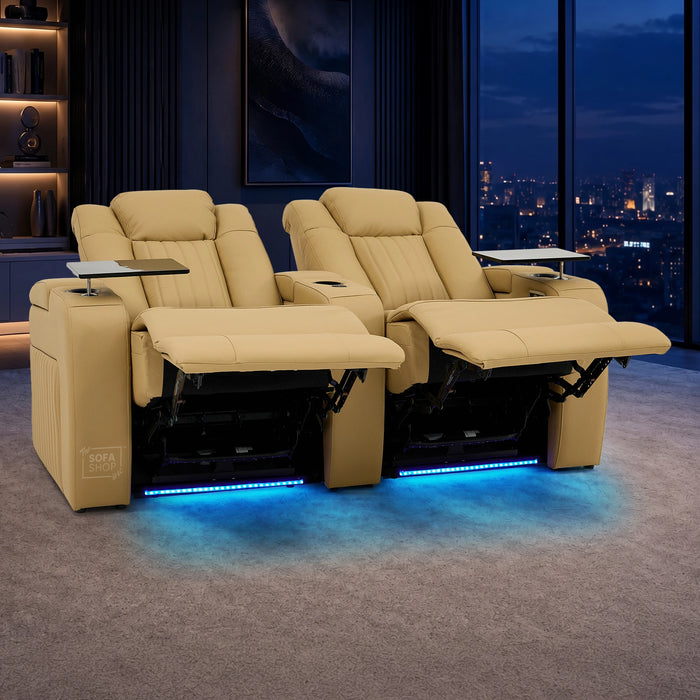 2 Seater Real Leather Electric Recliner Cinema Sofa in Tan | Recliner Settee With Massage, Power Headrests, Power Grommet & Tray Tables | Capri | The Sofa Shop