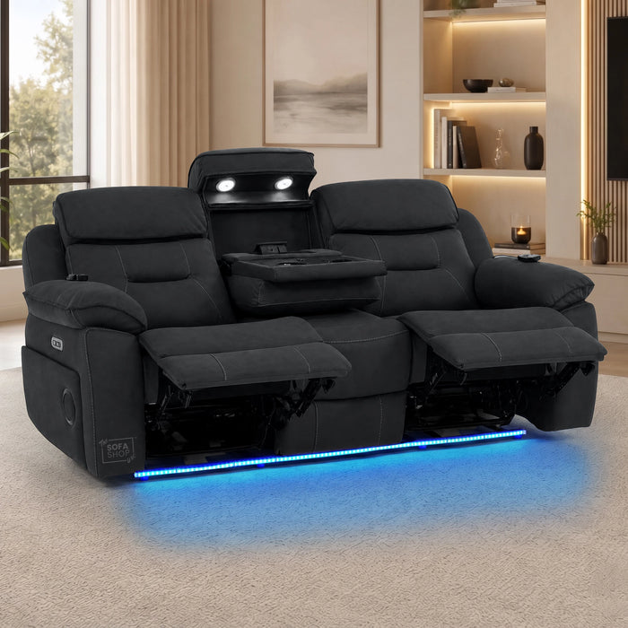 3 Seater Electric Recliner Couch in Charcoal Grey Fabric | Hi-Tech Sofa with Vibration Massage + Heated Lumbar + Power Grommet + Multi-Link Bluetooth + Power Headrests | Florence | The Sofa Shop