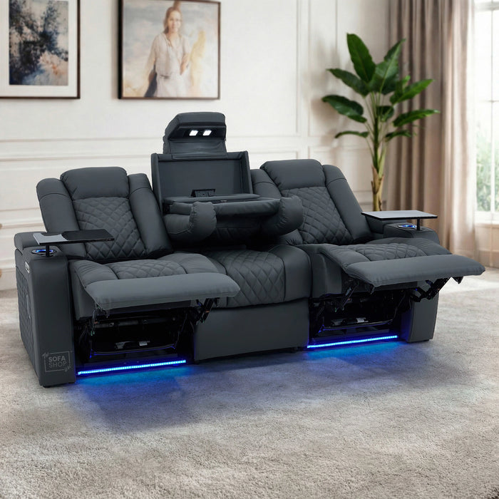 3 Seater Grey Real Leather Electric Recliner Cinema Sofa | Hi-Tech Couch With Multi-Link Bluetooth Speakers, Cooling + Heating Cup Holder, Wireless Charging, Fold Down Table, Food Trays & Power Grommet | Milano | The Sofa Shop