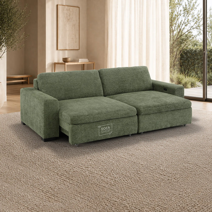 Extendable Electric Sofa Bed in Green Chenille Fabric | 3 Seater Power Sliding Couch Perfect for Home Cinema & Movie Nights | USBc Charging Ports | Palma | The Sofa Shop