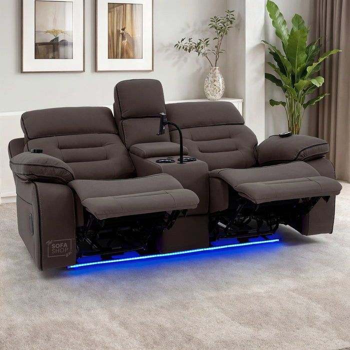 2 Seater Dark Brown Fabric Electric Recliner Home Theatre Sofa with Middle Console | Hi-Tech Sofa with 8-Point Massage, Heated Lumbar, Multi-Link Bluetooth, Cooling & Heating Cupholders | Tuscany | The Sofa Shop