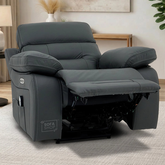 Electric Recliner Chair In Grey Real Leather | Hi-Tech Cinema Seat with Power Headrest, Massage, Heat & USB Charging Button | Grey Real Leather | Sicily