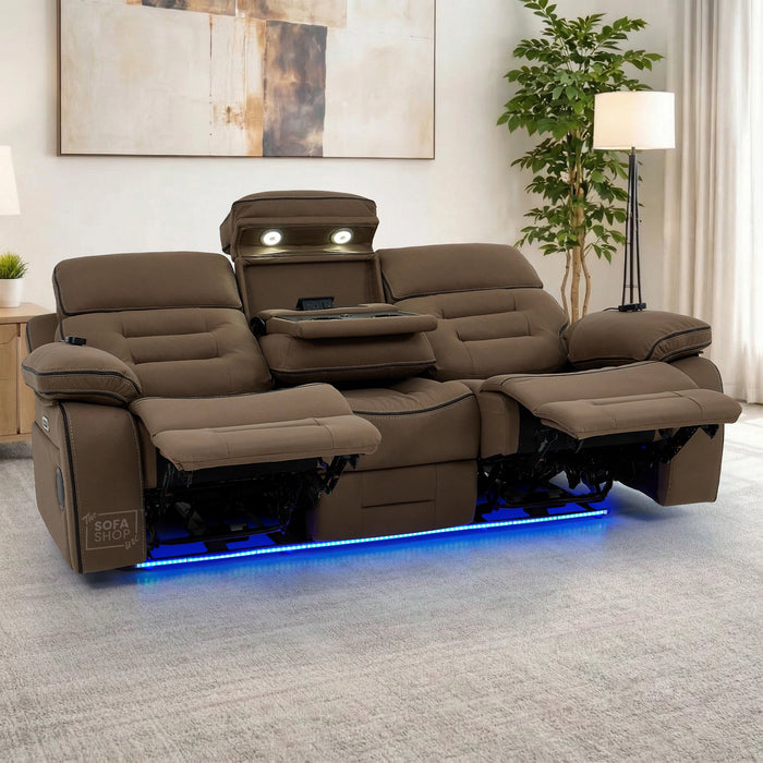 3 Seater Electric Recliner Cinema Sofa in Mocha Brown Fabric | Hi-Tech Sofa With Massage, Heat, Fold-Down Table, Bluetooth Speakers, LED Lights & Power Headrest | Tuscany | The Sofa Shop