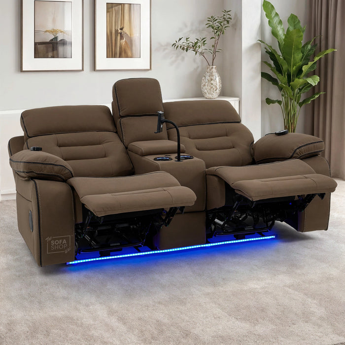 2 Seater Mocha Brown Fabric Electric Recliner Cinema Sofa with Massage, Heated Lumbar, Console, Bluetooth Speakers & LED Lights | Tuscany | The Sofa Shop