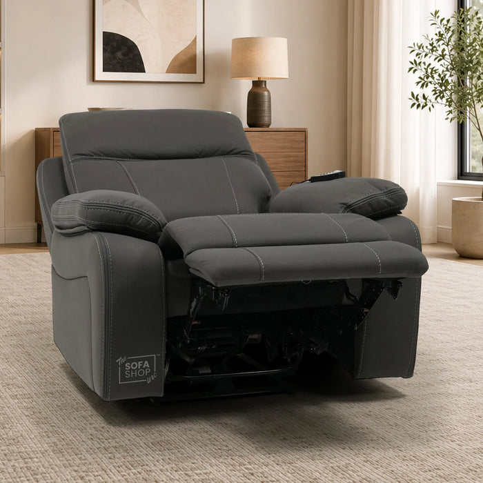 1 Seater Cinema Chair in Grey Resilience Fabric | Hi-Tech Recliner Chair with Power Recline + Power Headrest + Vibration Massage + USB Charging | Sample | Vinsonova | The Sofa Shop