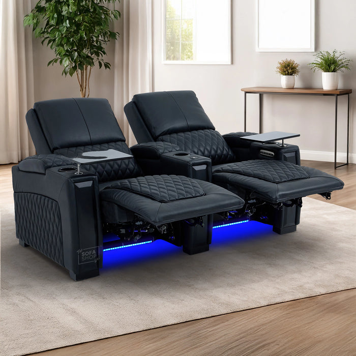 Real Leather 3+2+1 Cinema Sofa Package In Black | 3-Piece Recliner Sofa Suite With Power Lumbar, Massage, Heat, Cooling Cupholders, Tray Tables & USB-C | Assisi | The Sofa Shop