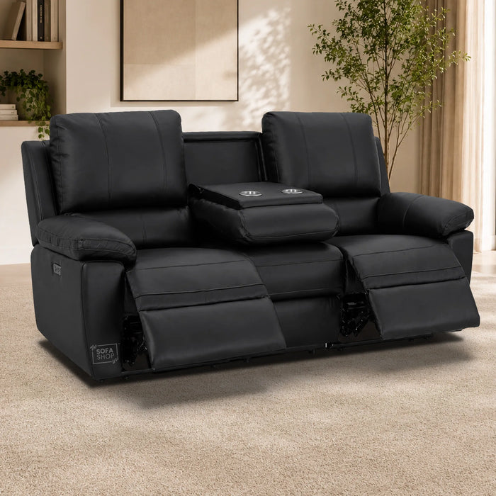 3+1 Electric Recliner Sofa Set In Black Real Leather | Recliner Sofa Suite With Power Recline + Drop-Down Table + Cup Holders + USB-C Charging | Trento | The Sofa Shop