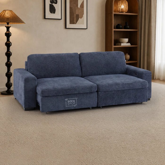 3 Seater Fabric Extendable Electric Sofa Bed | Power Sliding Couch With USB+C Charging | Blue Chenille Fabric | Home Theatre Seating & Comfort Headrests | Palma | The Sofa Shop