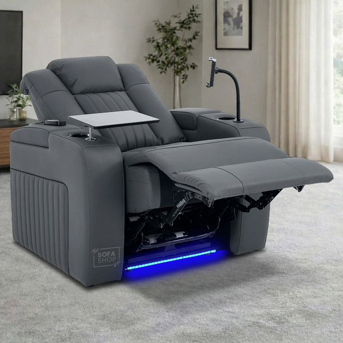 Real Leather Recliner Chair & Cinema Seat in Grey | Electric Armchair with Massage, Heating, LED Cup Holders, Table & USB Ports | Capri