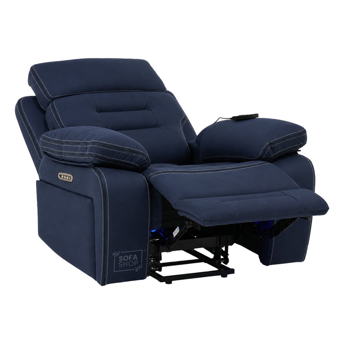 Electric Riser Chair In Blue Fabric | Hi-Tech Recliner Armchair With Vibration Massage + Heated Lumbar + Cooling Cup Holder + Power Headrest | Tuscany | The Sofa Shop