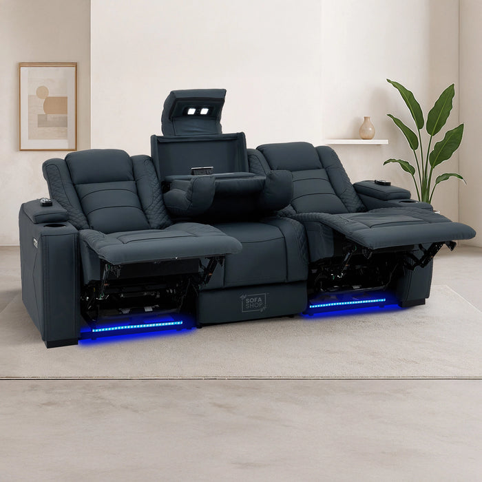 3 Seater Electric Recliner Cinema Sofa in Blue Genuine Leather with Massage, Drop-Down Table, Cup Holders, Power Recliner, USB Ports & Storage Box | Napoli