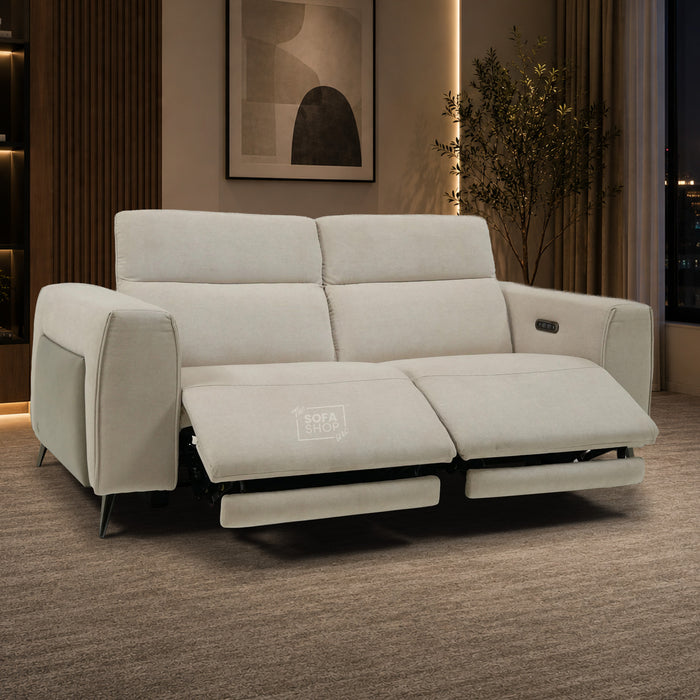 3 Seater Cinema Sofa in Beige Fabric | Hi-Tech Cinema Sofa with Power Recline + Power Headrests + USB-C Charging | Sample | Cadenza | The Sofa Shop