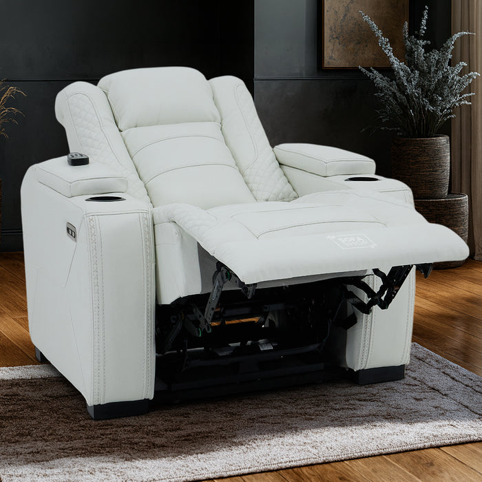 2 Seater Cinema Sofa in White Genuine Leather | Hi-Tech Cinema Sofa with Power Recline + Power Headrests + Settee Storage + Settee Cup Holders + Vibration Massage | Napoli | The Sofa Shop