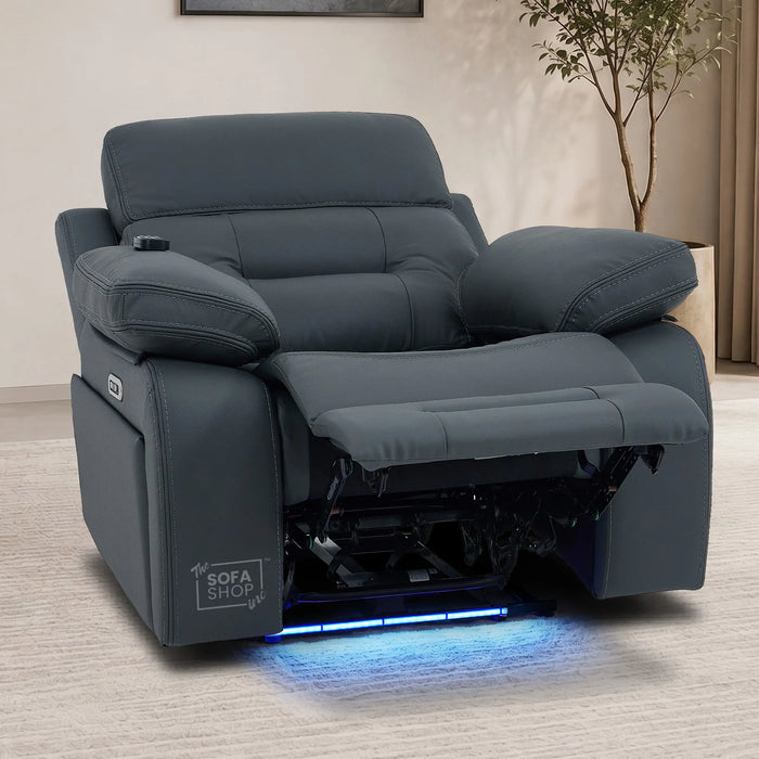 1 Seater Cinema Chair in Grey Genuine Leather | Hi-Tech Cinema Chair with Power Recline + Power Headrest + Vibration Massage + Heated Lumbar+ Power Grommet | Sicily | The Sofa Shop