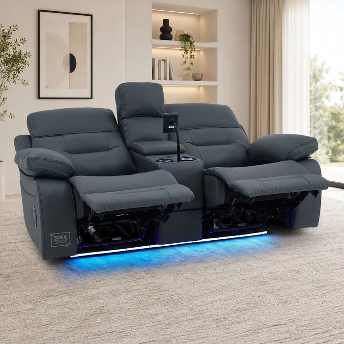 2 Seater Cinema Sofa in Grey Genuine Leather | Hi-Tech Console Couch with Power Recline + Power Headrests + Speakers + Cooling Cupholders | Sicily | The Sofa Shop