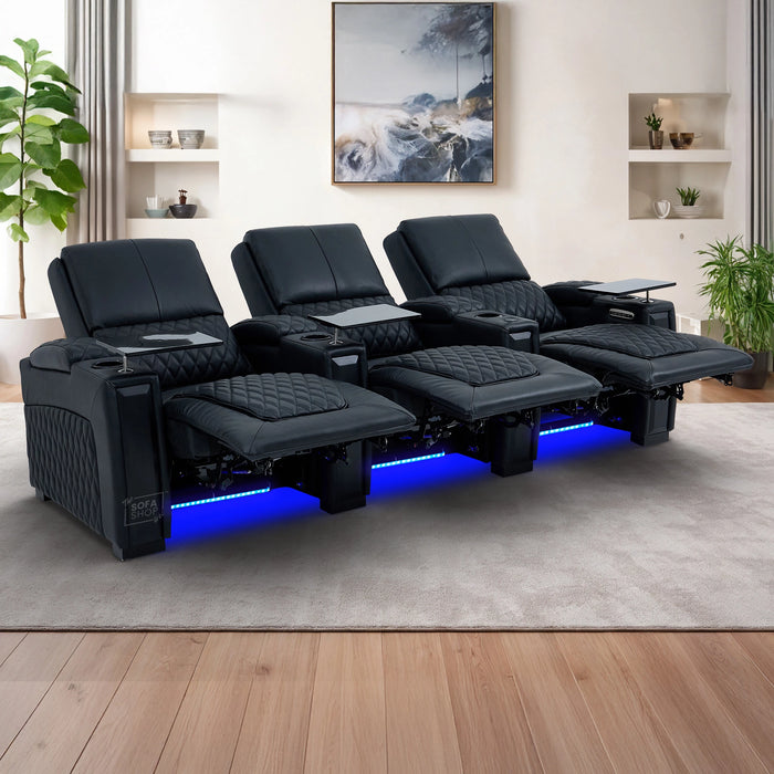 Real Leather 3+2+1 Cinema Sofa Package In Black | 3-Piece Recliner Sofa Suite With Power Lumbar, Massage, Heat, Cooling Cupholders, Tray Tables & USB-C | Assisi | The Sofa Shop