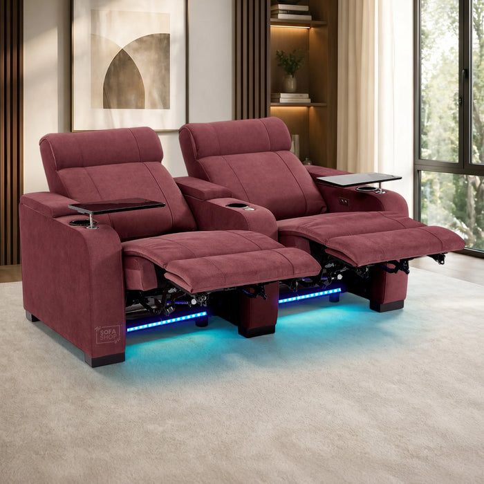 2 Seater Reclining Sofa with Electric Reclining, Massage, USB Ports, Cooling Cup Holders, Storage Boxes & LED Lights | Purple Velvet Sofa | Rimini | The Sofa Shop