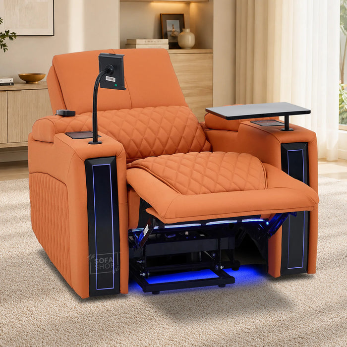 1 Seater Electric Dual Lift Riser Cinema Chair | Power Recline, Heated Lumbar + Massage & Cooling & Heating Cup Holders | Orange Real Leather Riser Armchair with Tray Tables | Assisi | The Sofa Shop