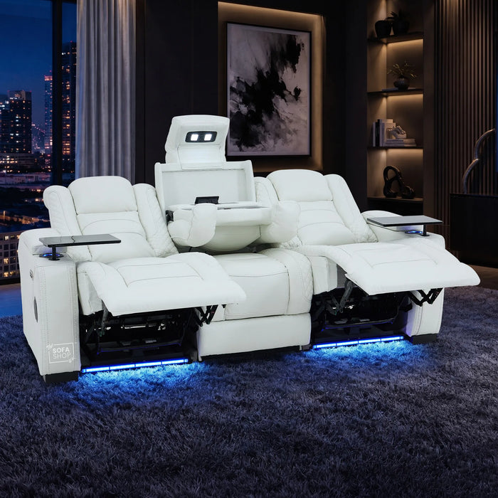 3 Seater Cinema Sofa in White Genuine Leather | Hi-Tech Cinema Sofa with Power Recline + Power Headrests + Vibration + Sockets + Base Storage | Napoli | The Sofa Shop